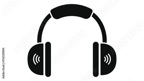 Iconic black headphones silhouette for music and audio applications isolated on white background