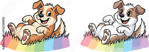 Cute cartoon puppies lying on rainbow grass, playful dogs, happy pets, adorable animals, colorful illustration, cheerful design, joyful character art
