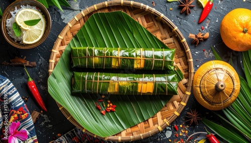 Two Vietnamese Banh Tet Sweet Sticky Rice Cakes Wrapped in Banana Leaves and Tied with Twine Served on a Woven Tray with Garnishes