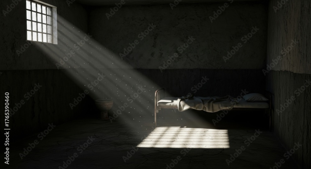 Obraz premium Prison Cell Interior with Sunlight Streaming Through Window Bars, Creating Dramatic Light and Shadow