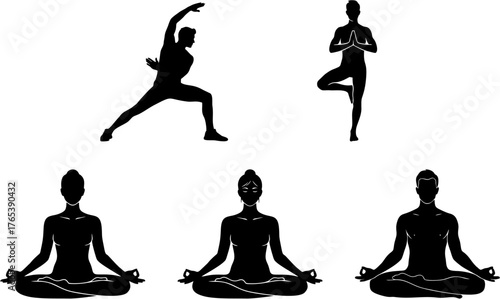 Yoga Silhouette Set – Warrior, Tree, and Meditation Poses in Black Vector Style on Transparent Background for Wellness and Mindfulness Themes