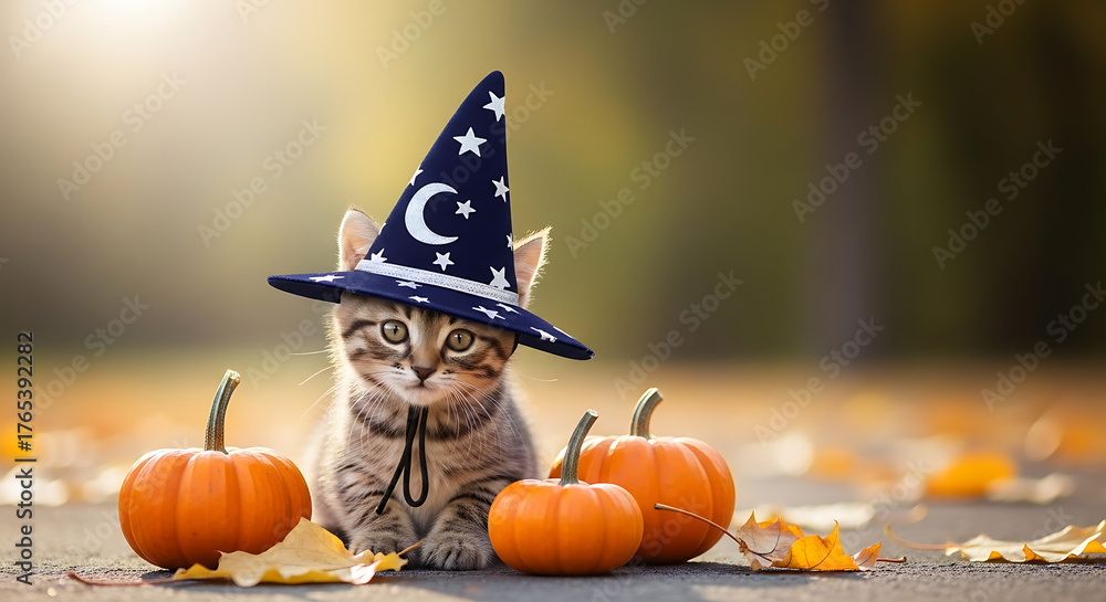 Naklejka premium Adorable Cat Wearing Wizard Hat with Pumpkins on Autumn Leaves