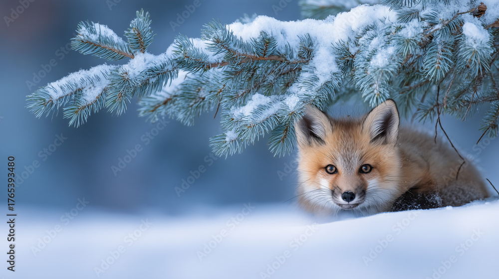 Obraz premium A fox sits under the branches of a snow-covered Christmas tree in the forest.