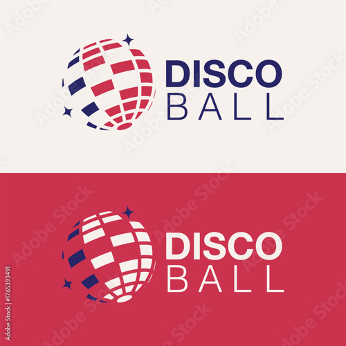 Minimalist Flat Disco Ball Logo Design with Sparkling Stars Element Illustration