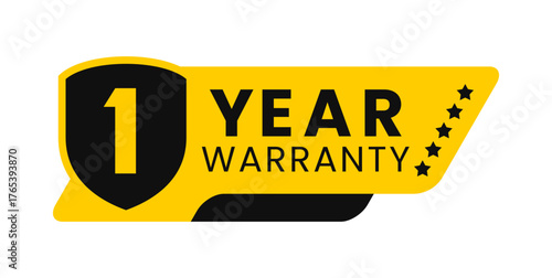 Modern 1 year warranty badge vector design in yellow and black with shield. Guarantee label icon logo for product packaging, advertisement, and marketing use
