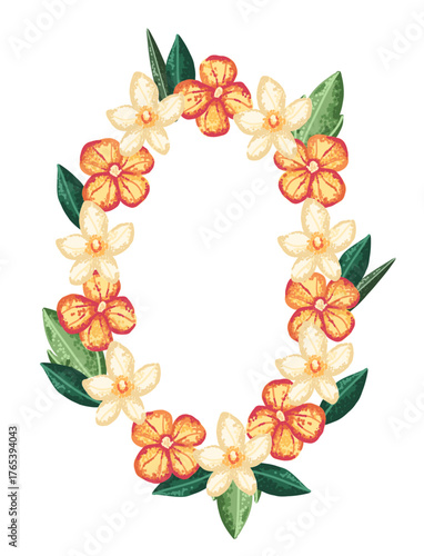 Hawaiian necklace with orchid, plumeria flowers and green exotic leaves