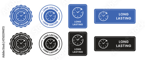 Long lasting icons set, logo, label, badge, symbol, arrow, stamp, black, line, flat vector, isolated illustration. Pharma or beauty label for product packaging design. Hourglass, time, clock icon.