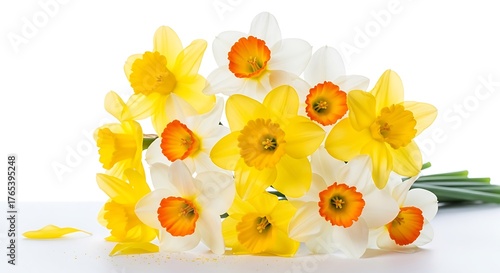Bunch of vibrant daffodils spring flowers with yellow and white petals isolated on white background