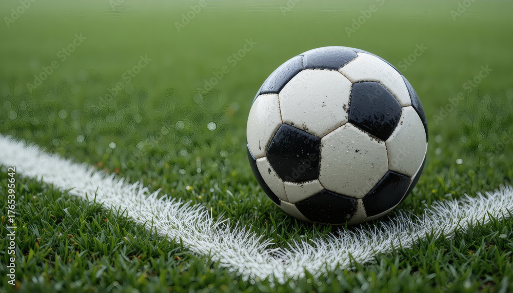 Naklejka premium Close up of a weathered soccer ball resting on the green grass of a field next to a white boundary line
