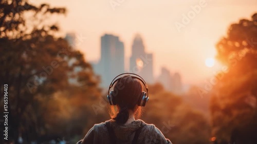 Person wearing headphones raises their arms in a park at sunset, with a blurred city skyline in the background.