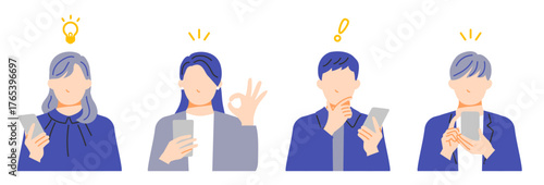 スマホを持って解決するビジネスパーソンの表情イラストセット。フラットデザイン。