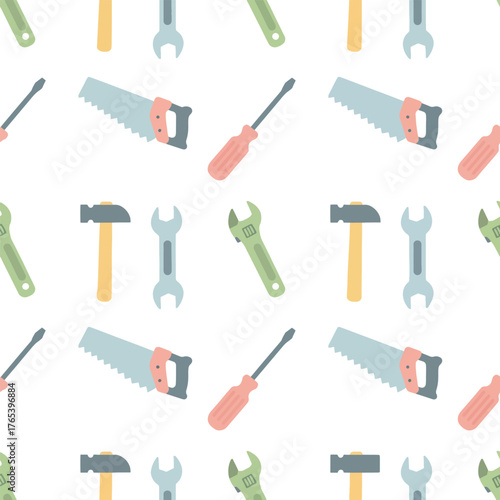 Seamless pattern of tools on white background.