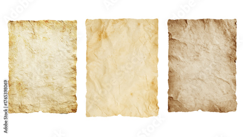Set of 3 Vintage Old Paper or Parchment Sheets Isolated on White