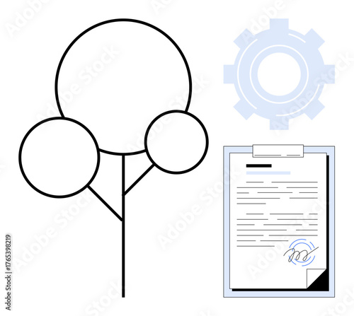 Simplified tree structure with three circles, signed document on clipboard, and cogwheel element. Ideal for sustainability, teamwork, innovation, growth, development ecology and efficiency. Simple