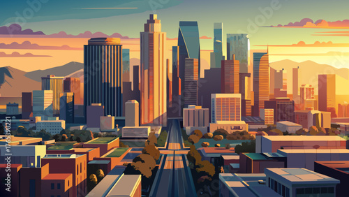 Very beautiful aerial view of downtown Los Angeles, California, featuring a radiant skyline of skyscrapers glowing in golden hour light before sunset, showcasing modern architecture and vibrant city l