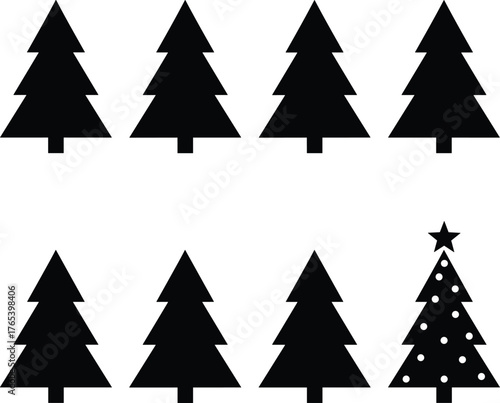 Christmas tree pattern silhouette, festive icon variation, black vector pine trees, holiday decoration contrast, seasonal graphic sequence, minimalist winter design, tree recognition set