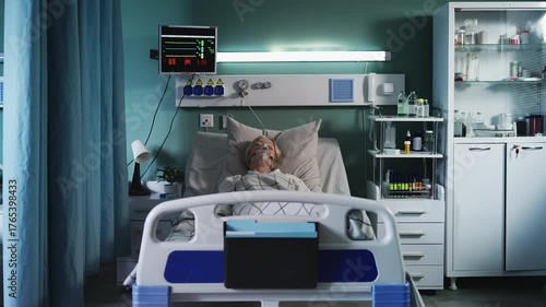 Woman in ICU bed wearing oxygen mask goes into cardiac arrest, low vital signs