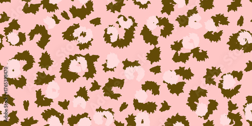 Photography Seamless abstract leopard print pattern with soft pink background and playful dark green and light spots