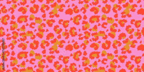 Seamless vector pattern inspired by leopard print with a modern twist. Features bold red spots on a vibrant pink background with yellow accents. Perfect for fashion, textiles, design