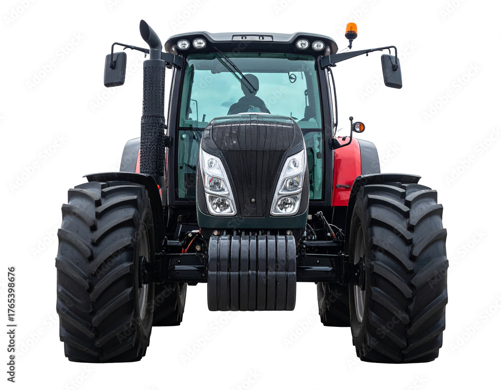Obraz premium Front view of a heavy modern agricultural generic tractor, Isolated on transparent or white backgrounds