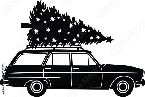 Christmas tree transport silhouette, festive car icon, black vector station wagon, holiday travel graphic, star-decorated pine, seasonal celebration design, gift tradition illustration