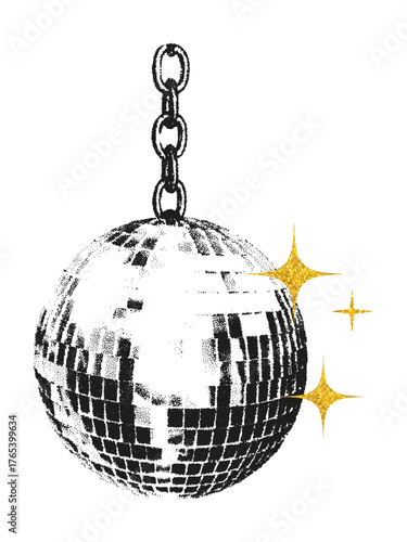 Disco ball hanging on chain halftone stipple collage element. Distressed grunge party sticker with gritty texture and gold glitter stars Retro photocopy vector illustration on transparent background