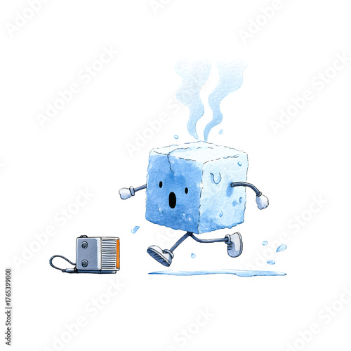Cartoon ice cube character with arms and legs walking next to a steaming coffee cup isolated on transparent background