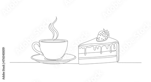 One line continuous drawing of coffee cup with steam and slice of cake with strawberry, vector illustration in eps6 file