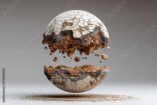 Exploding cracked earth sphere floating in midair with fragments symbolizing environmental destruction and rebirth