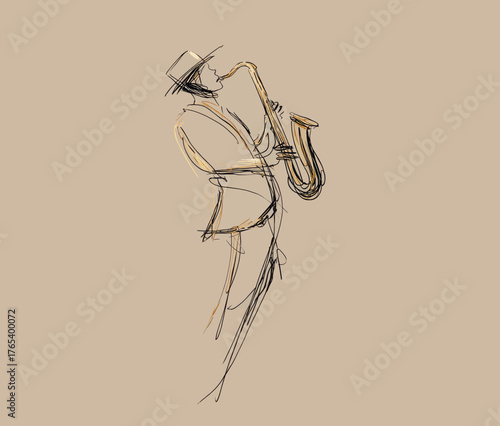 Sketch of a musician playing the saxophone in a jazz style.