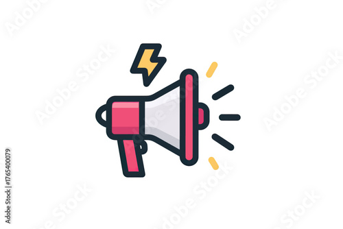 A stylized illustration of a megaphone emitting sound waves and a lightning bolt, symbolizing an announcement or alert.