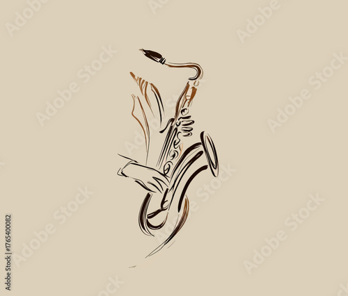 An artistic illustration of a saxophone being played, with a hand holding it, set against a neutral background.