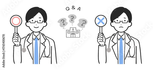 男性医師が丸とバツの札を持つベクターイラスト(表情バリエーション, 正解と不正解, ○×)