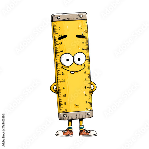 Funny cartoon yellow ruler character with big eyes and smiling face isolated on transparent background