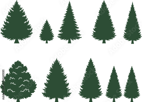 Green conifer tree silhouette set with 8 unique designs, vector illustration, evergreen nature graphic, forest foliage variation, stylized pine layout for seasonal themes