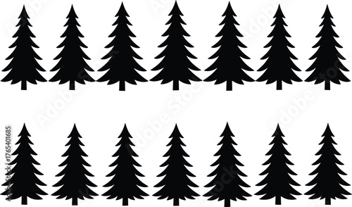 Pine tree silhouette grid with 20 identical conifers, black vector illustration, forest pattern design, nature graphic layout, winter evergreen shape set