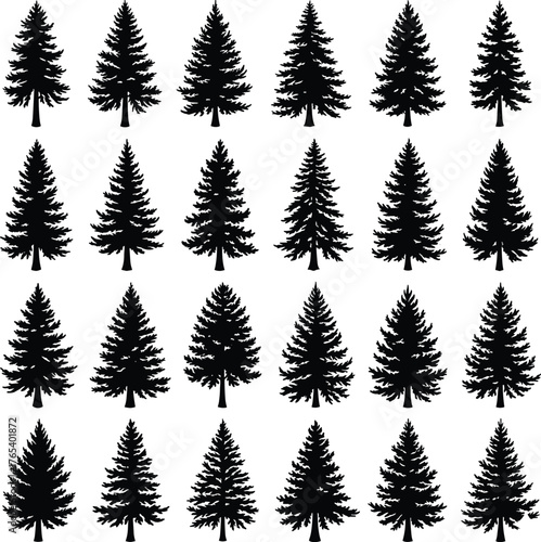 Pine tree silhouette grid with 25 identical icons, black vector illustration, forest nature pattern, symmetrical layout, evergreen tree design for seasonal graphics
