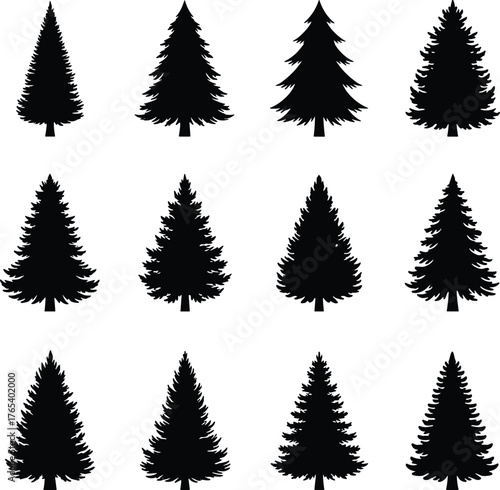 Pine tree silhouette grid, black vector collection, conifer shape variations, winter forest design, botanical illustration set, seasonal nature graphic, evergreen icons