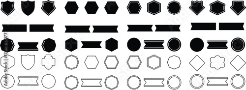 Badge and emblem shape set, black and white vector illustration, shield, ribbon, arrow icons, geometric design elements, minimal graphic, isolated symbols