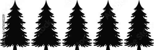 Pine tree silhouette row, black vector evergreen trees, symmetrical forest icons, layered branch design, nature graphic element, minimalist tree pattern, conifer shape set