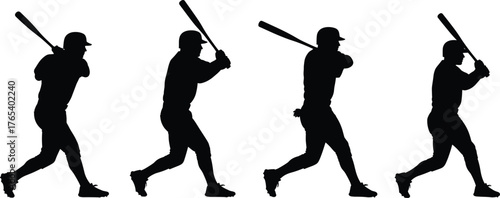 Baseball swing silhouette vector set, black and white player action poses, editable sport illustration for training, motion, fitness, athletic design