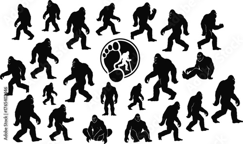 Bigfoot silhouette vector set, black and white cryptid icons, editable illustration for folklore, mystery, creature, walking, footprint, legend, motion design