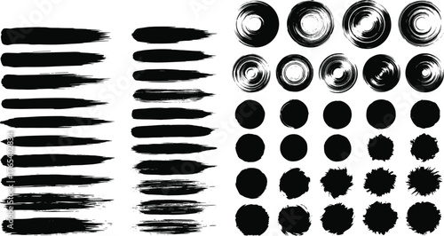 Brush stroke and ink blot set, black and white vector illustration, textured circle designs, abstract paint elements, minimal graphic, isolated shapes