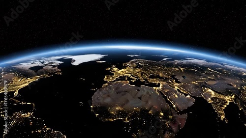 Earth at night illuminated with city lights against a black sky