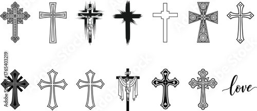 Cross icon set, religious symbol collection, black vector illustration, decorative and abstract styles, faith design, spiritual elements, love typography, isolated graphics