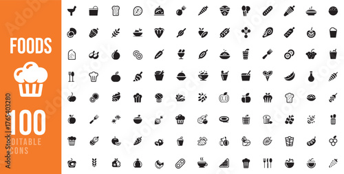 Collection of 100 food icons representing a wide variety of edible items and drinks