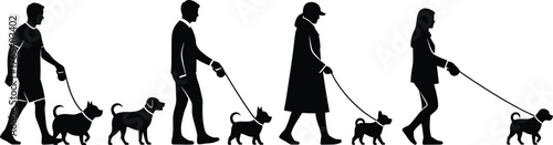 Dog walking silhouette vector set, black and white pet owner icons, editable illustration for lifestyle, royalty, animal care, fashion, urban design