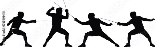 Fencing athlete silhouette vector set, black and white combat sport icons, editable illustration for swordplay, duel, agility, training, motion design