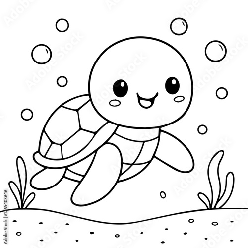 Cute Kawaii Sea Turtle coloring book illustration