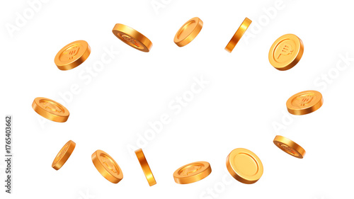 3d flying gold Indonesian Rupiah coins on white isolated background. Rich or casino luck concept. Precious expensive treasure. Stock vector illustration.	